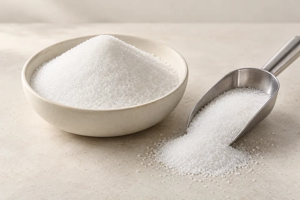 White sugar in a ceramic bowl