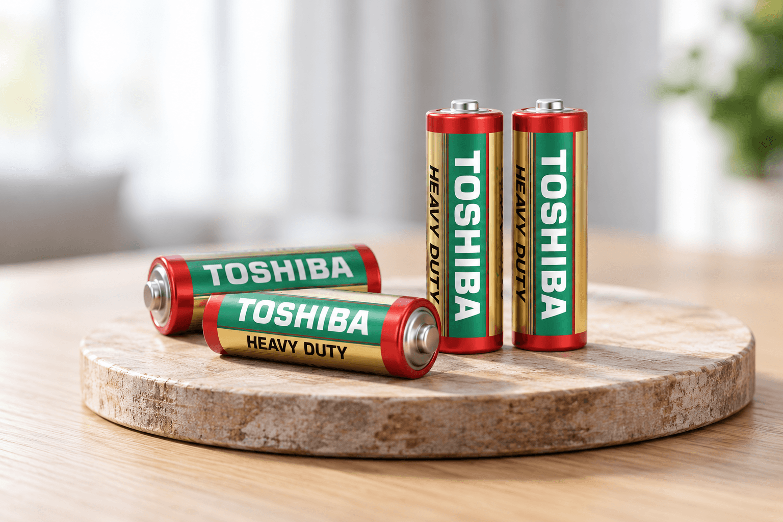 Toshiba batteries arranged on a tabletop
