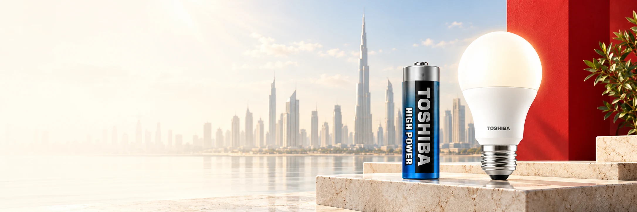 Toshiba battery and LED bulb on a stone podium with the Dubai skyline