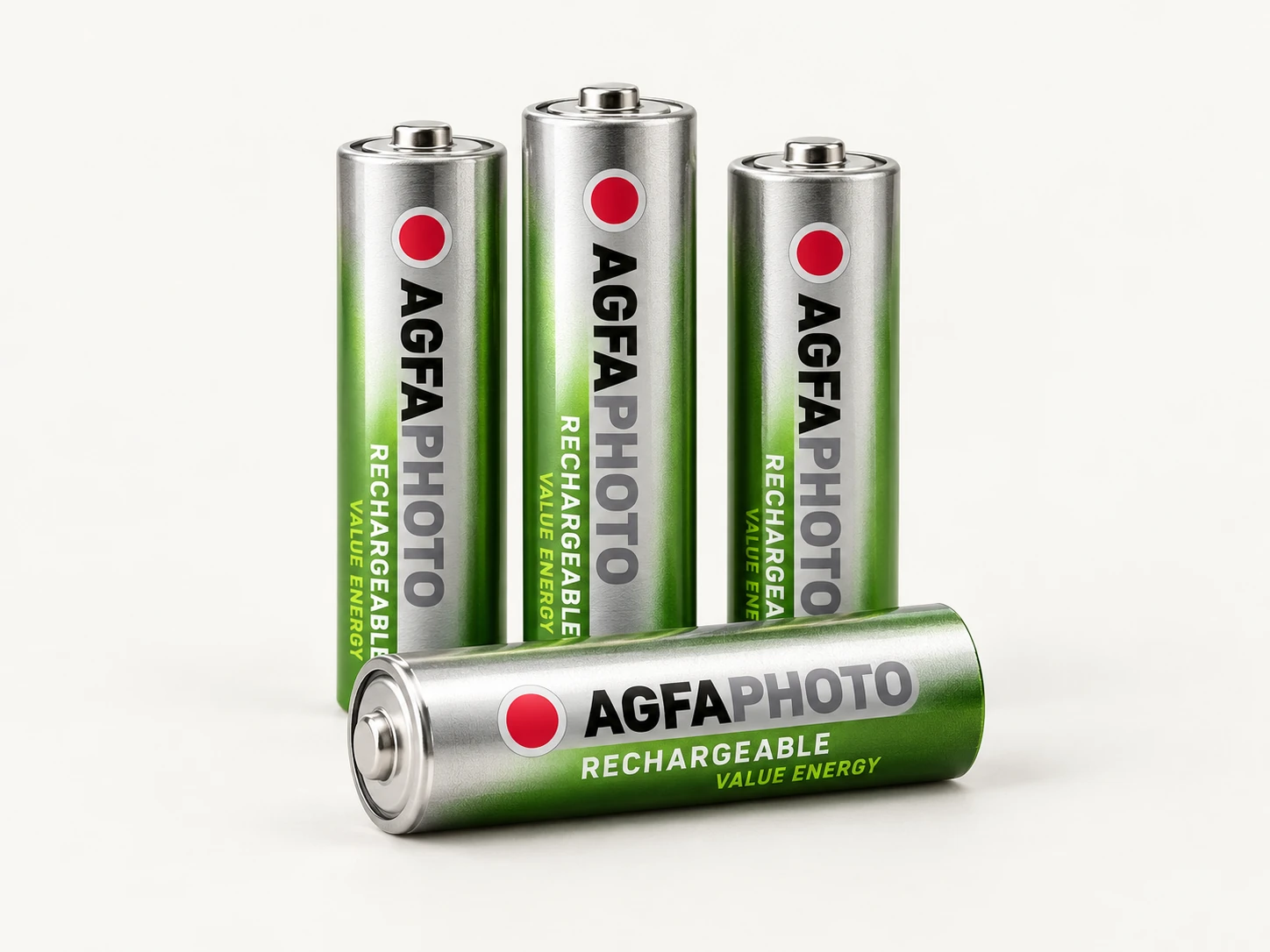 Studio illustration of AgfaPhoto Rechargeable Value Energy AA batteries